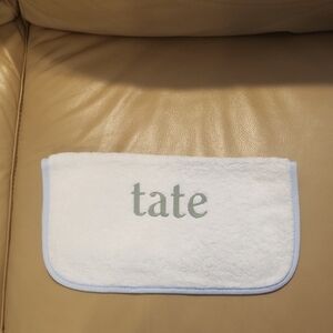 tate Embroidered White Hand Cloth with Light Blue Trim